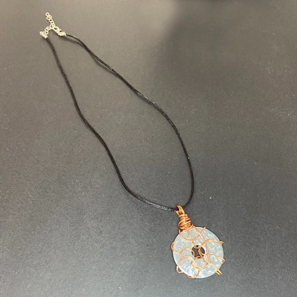 Copper Wire Wrapped Hammered Stainless Steel Washer Pendant on Satin Cord - Picture 2 of 9